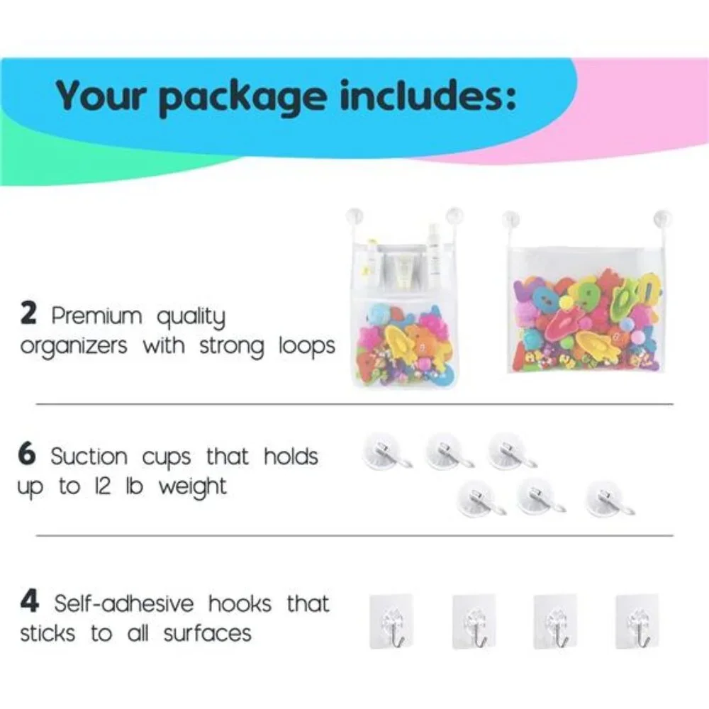 2 x Mesh Bath Toy Organizer + 8 Ultra Strong Hooks – The Perfect Bathtub Toy